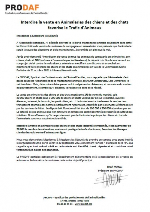 Le PRODAF lance un appel aux députés en vue de la Commission Mixte Paritaire du 21 octobre 2021